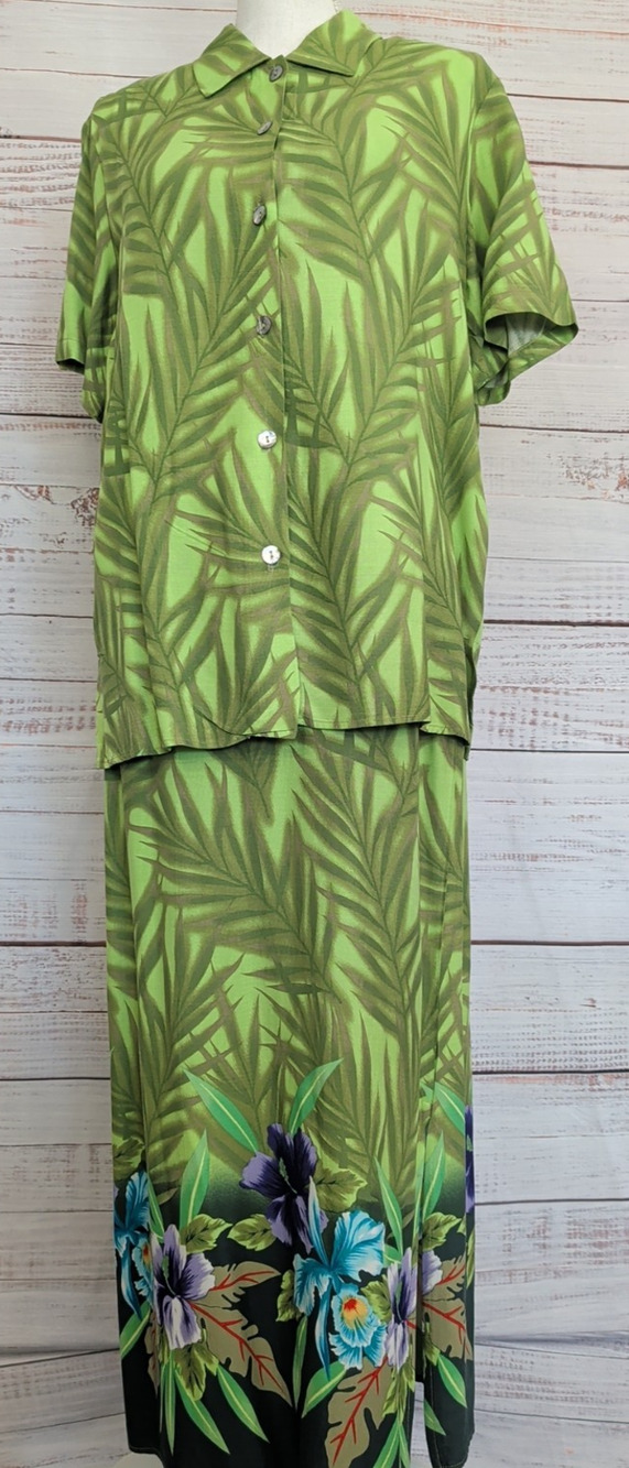 Boho Tropical Resort Palm Floral Rayon 2‑PC Set Vacation L Notations Green
